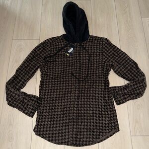 Original Use Men’s XS Hooded Button-Up Shirt Brown & Black Houndstooth NWT